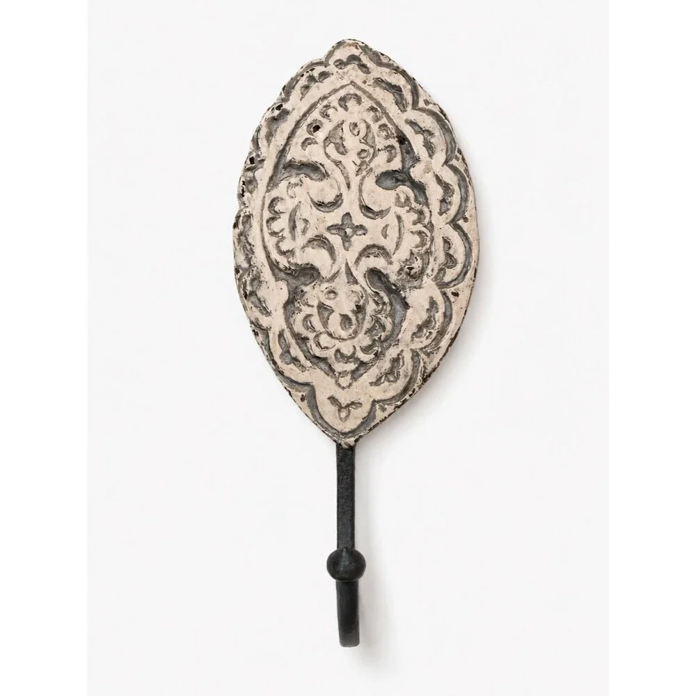 Boho Vintage Arhaus Wall Hook Distressed Iron Cream Rustic Decor 8”X3.5”